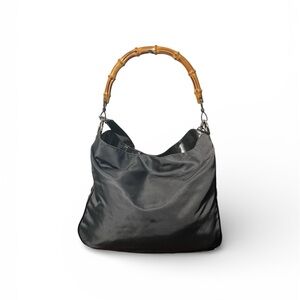 Gucci  Shoulder Bag with Bamboo Handle/ Charcoal Nylon